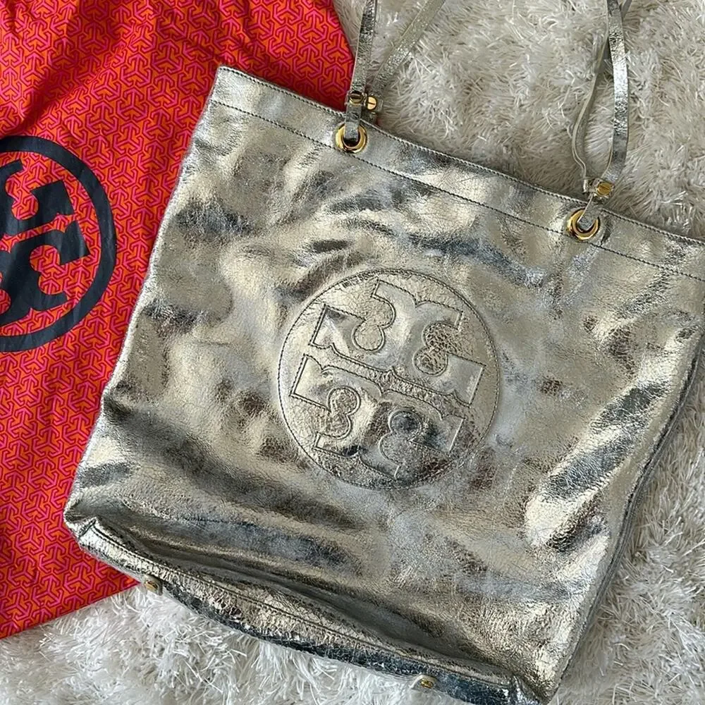 Tory Burch Metallic Silver logo T  tote Shoulder Bag.